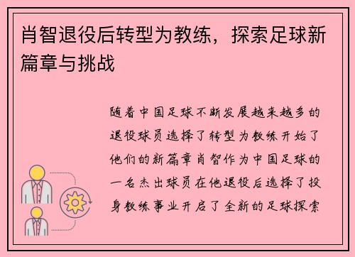 肖智退役后转型为教练，探索足球新篇章与挑战
